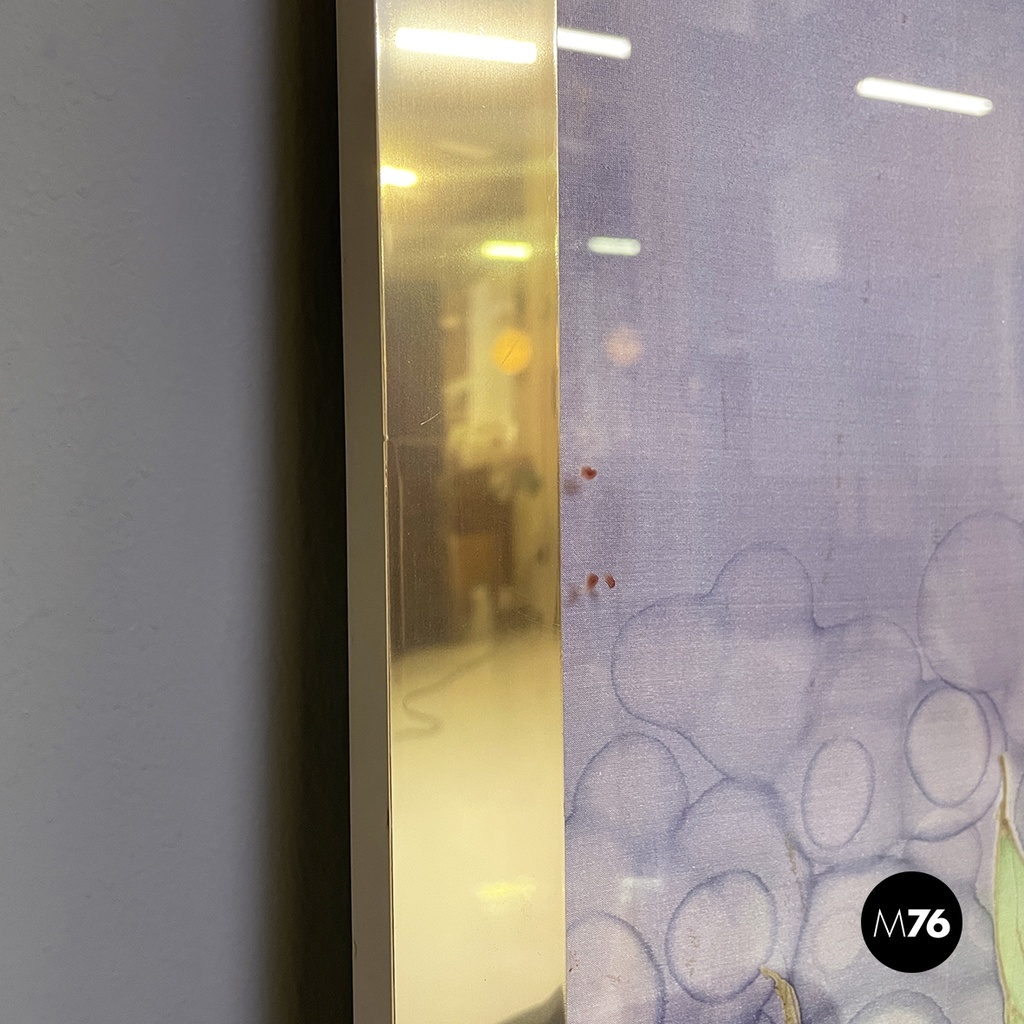 Italian liberty canvas painting with flowers and butterfly in metal frame, 1970s