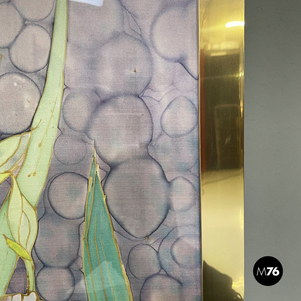 Italian liberty canvas painting with flowers and butterfly in metal frame, 1970s