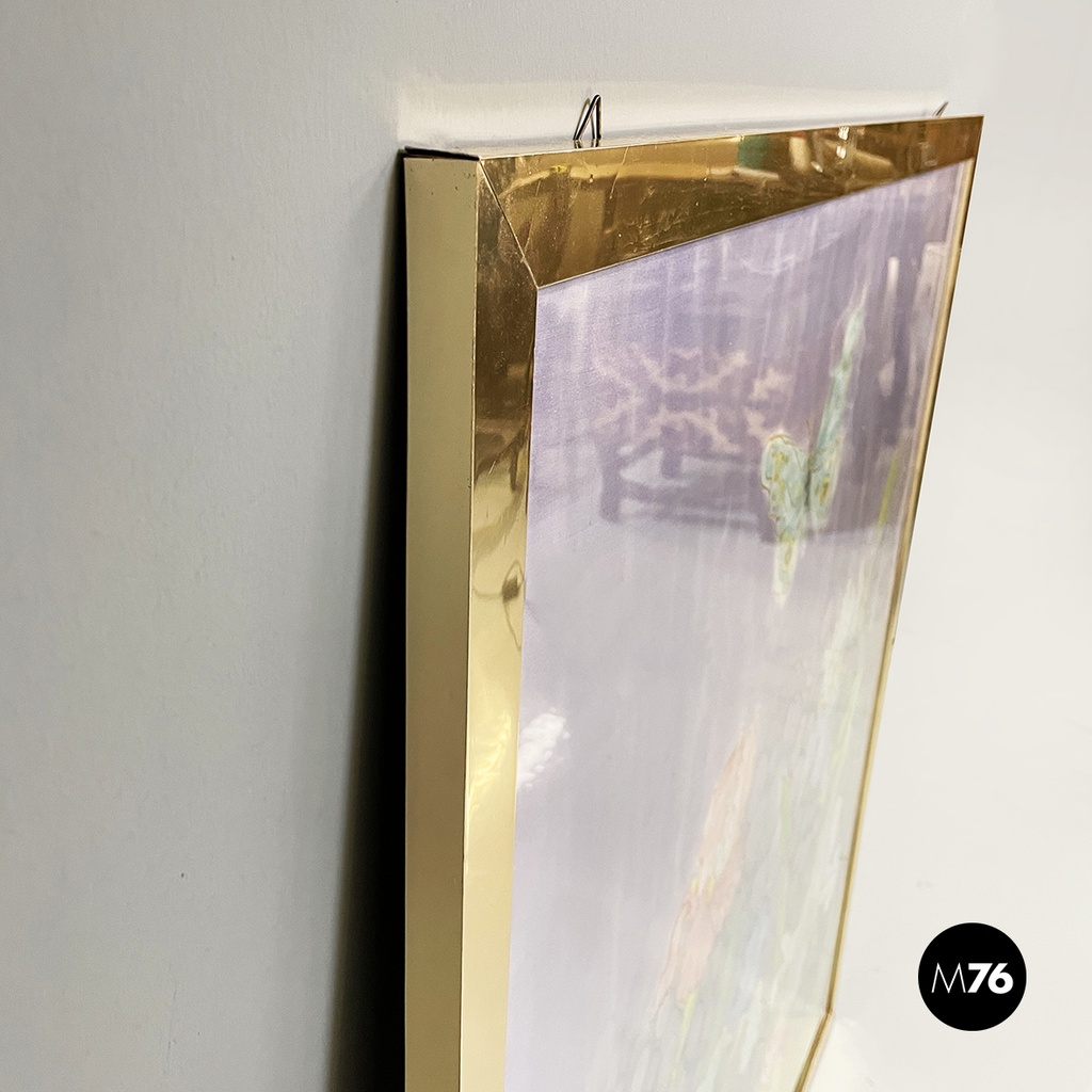 Italian liberty canvas painting with flowers and butterfly in metal frame, 1970s