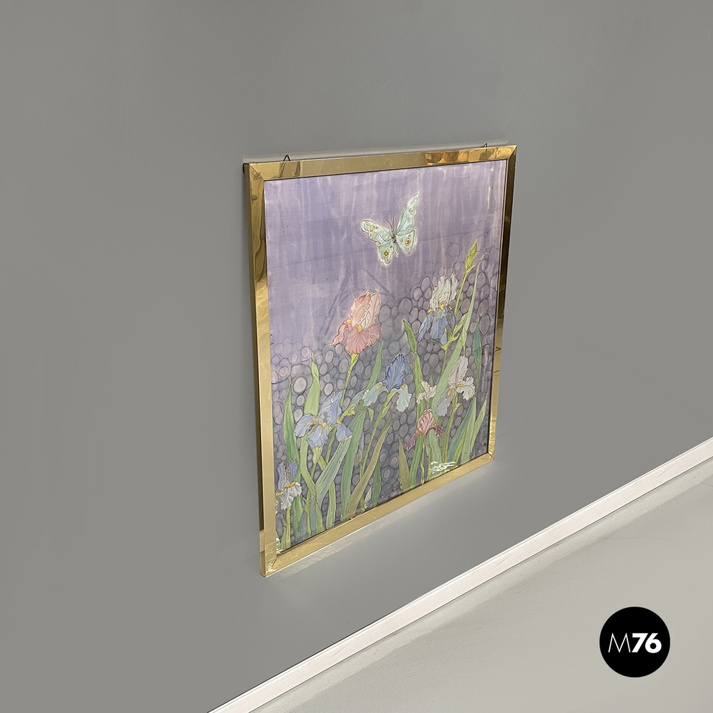 Italian liberty canvas painting with flowers and butterfly in metal frame, 1970s