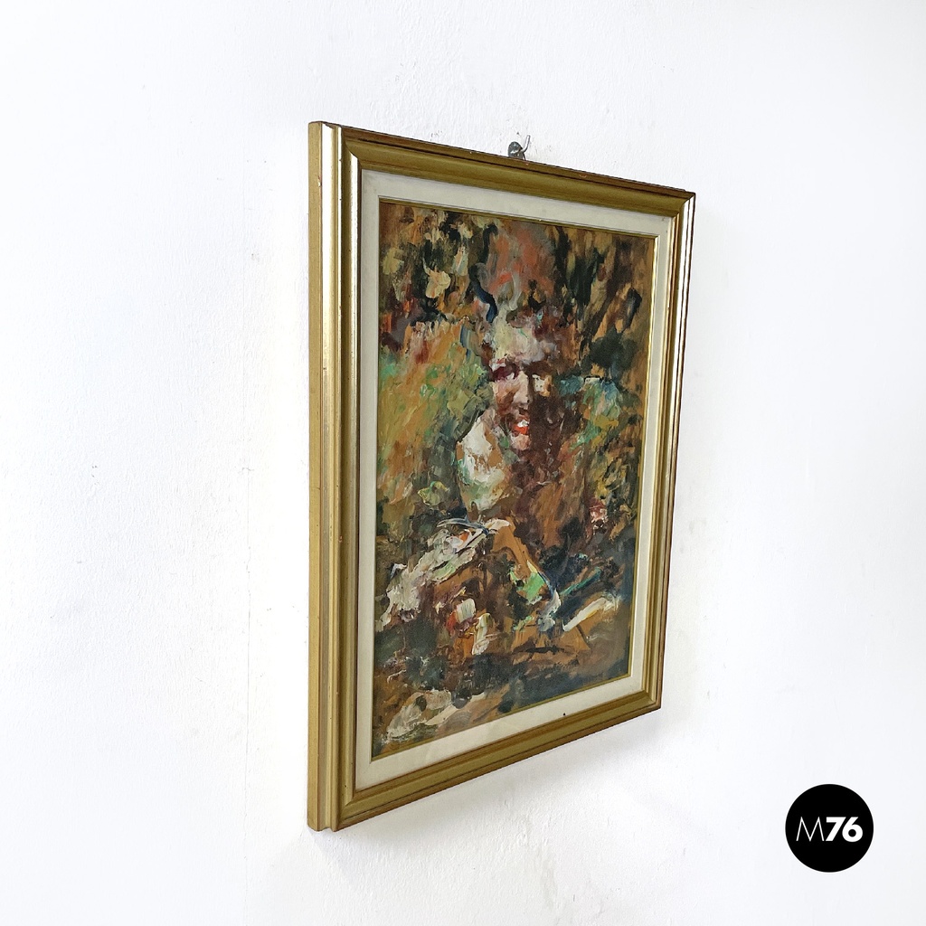 Italian mid-century modern abstract portrait painting with golden frame, 1960s