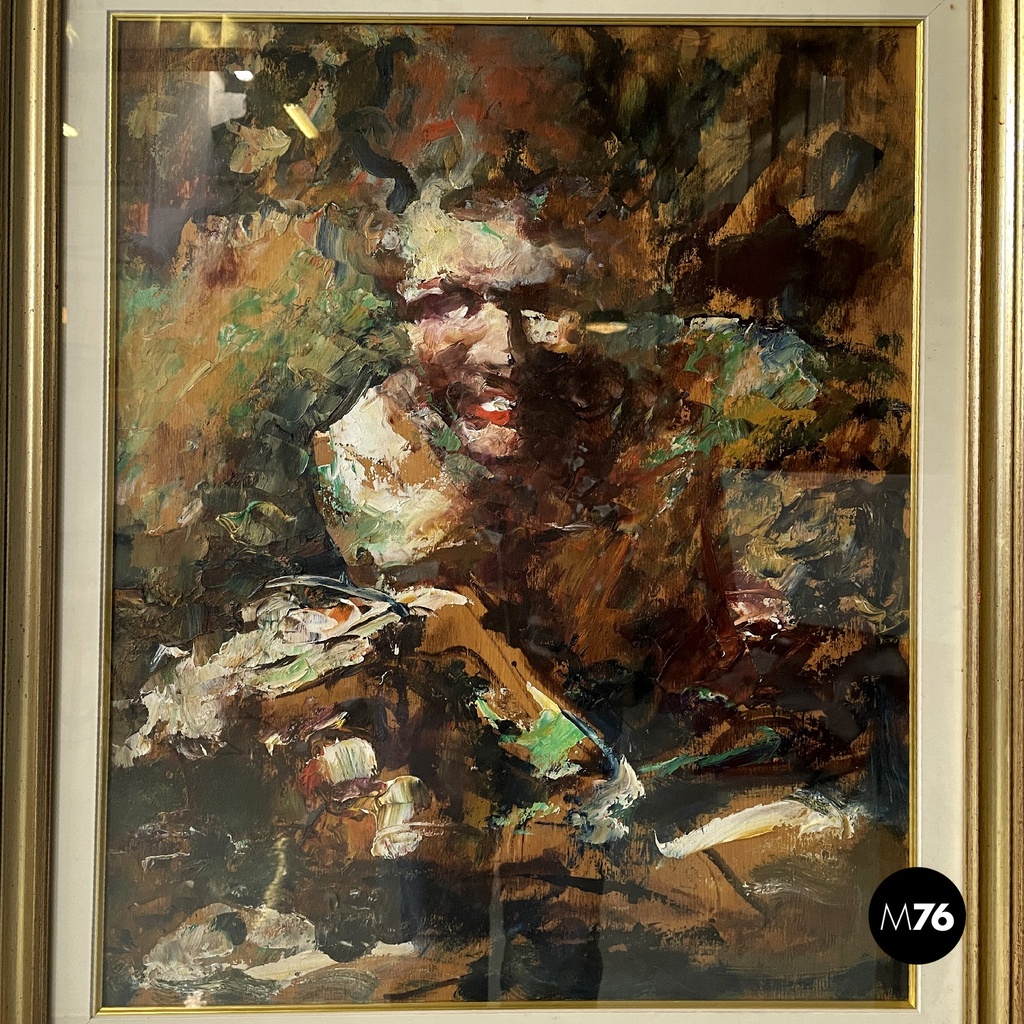 Italian mid-century modern abstract portrait painting with golden frame, 1960s