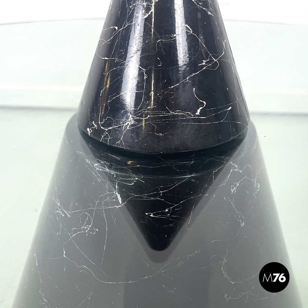 Italian modern round coffe table in glass with black marble conical base, 1980s