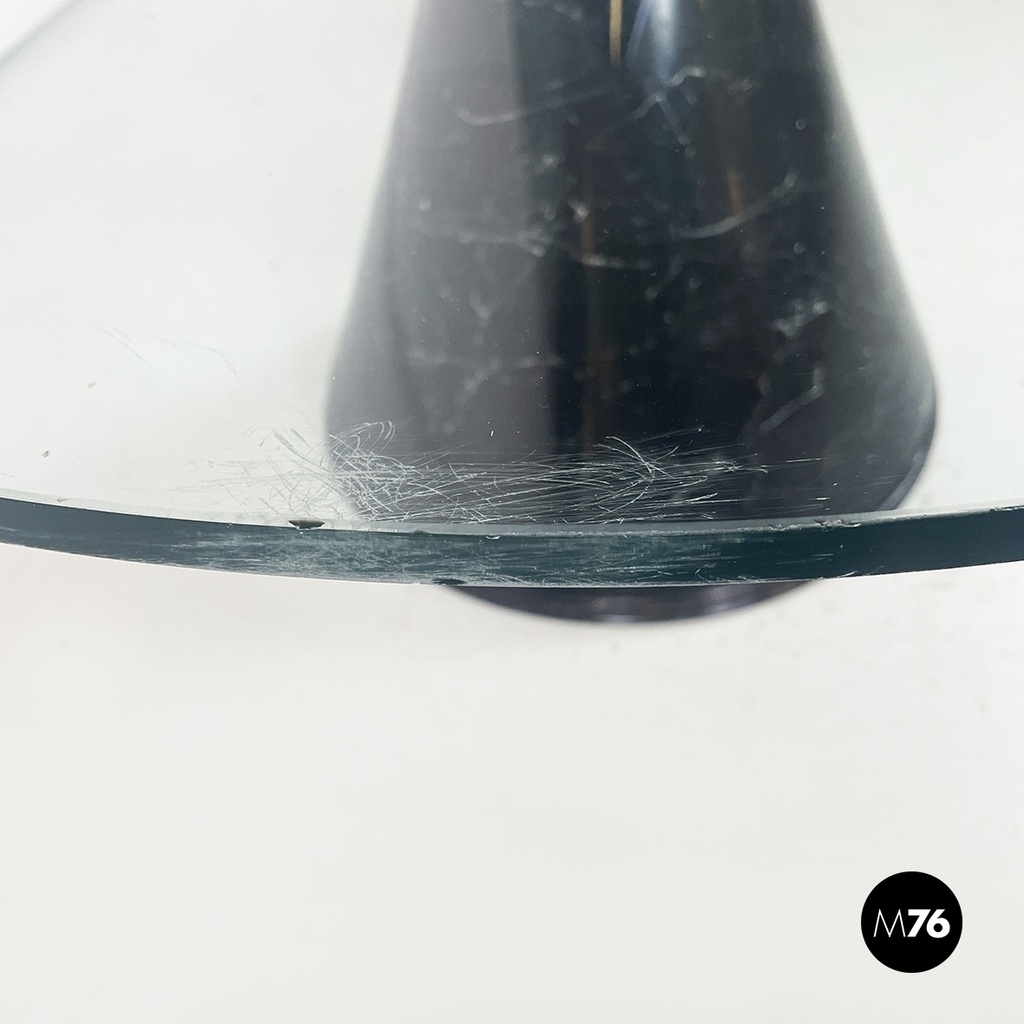 Italian modern round coffe table in glass with black marble conical base, 1980s