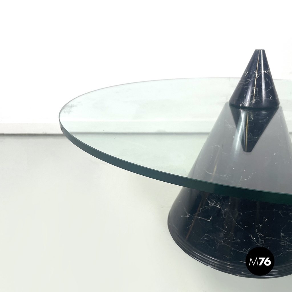Italian modern round coffe table in glass with black marble conical base, 1980s