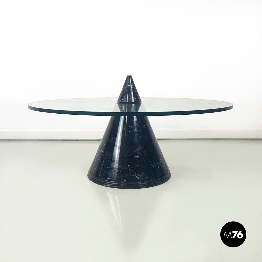 Italian modern round coffe table in glass with black marble conical base, 1980s