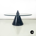 Italian modern round coffe table in glass with black marble conical base, 1980s
