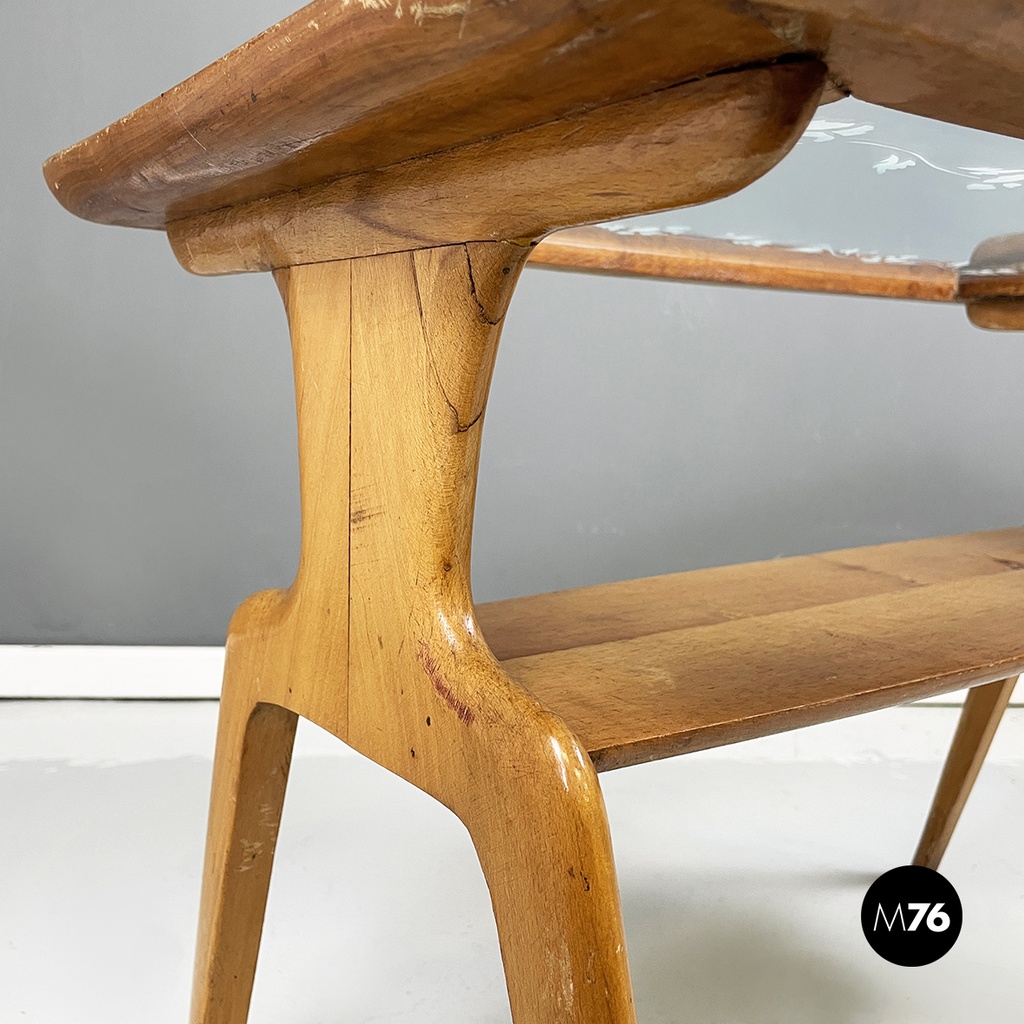 Italian mid-century modern coffee table in wood and decorated glass, 1950s