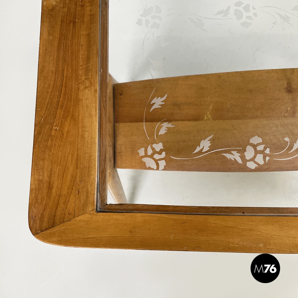 Italian mid-century modern coffee table in wood and decorated glass, 1950s