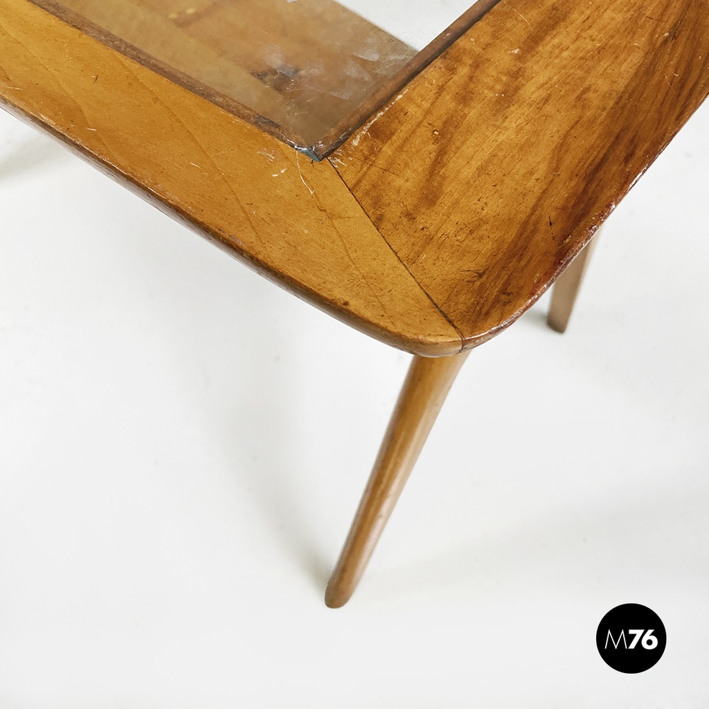 Italian mid-century modern coffee table in wood and decorated glass, 1950s
