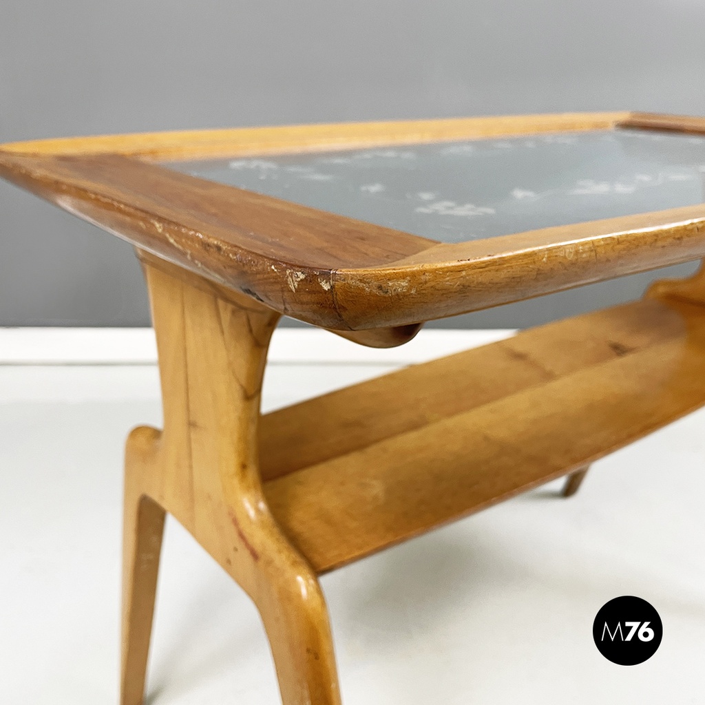 Italian mid-century modern coffee table in wood and decorated glass, 1950s