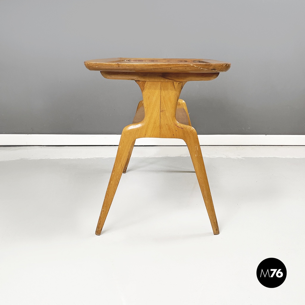 Italian mid-century modern coffee table in wood and decorated glass, 1950s
