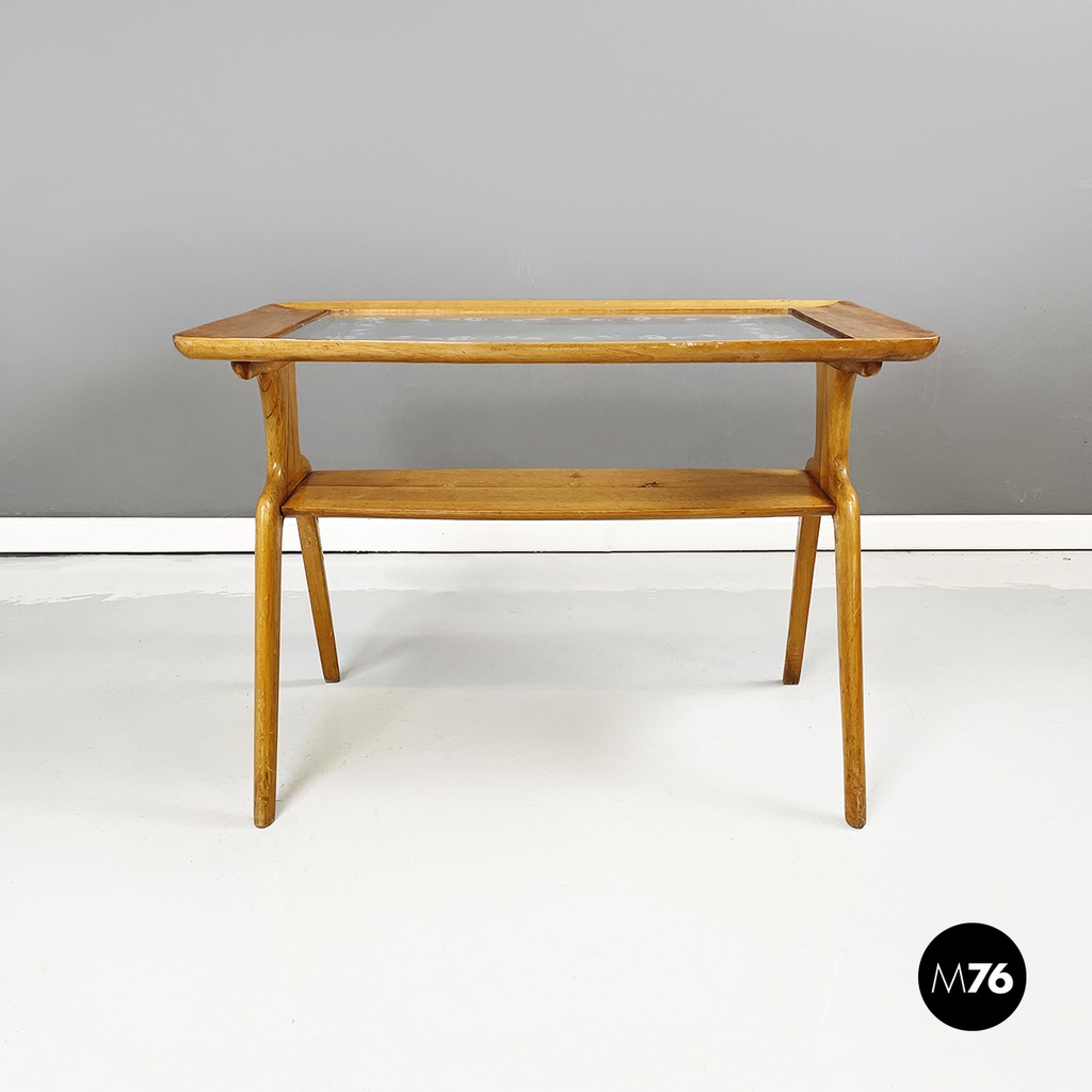 Italian mid-century modern coffee table in wood and decorated glass, 1950s