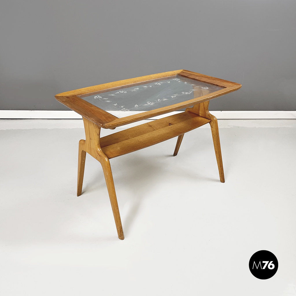 Italian mid-century modern coffee table in wood and decorated glass, 1950s