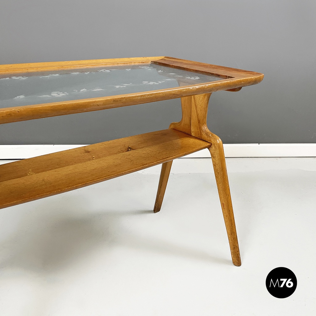 Italian mid-century modern coffee table in wood and decorated glass, 1950s
