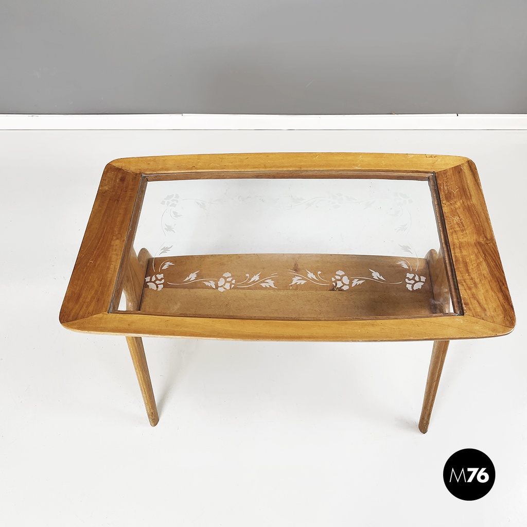 Italian mid-century modern coffee table in wood and decorated glass, 1950s