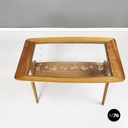 Italian mid-century modern coffee table in wood and decorated glass, 1950s