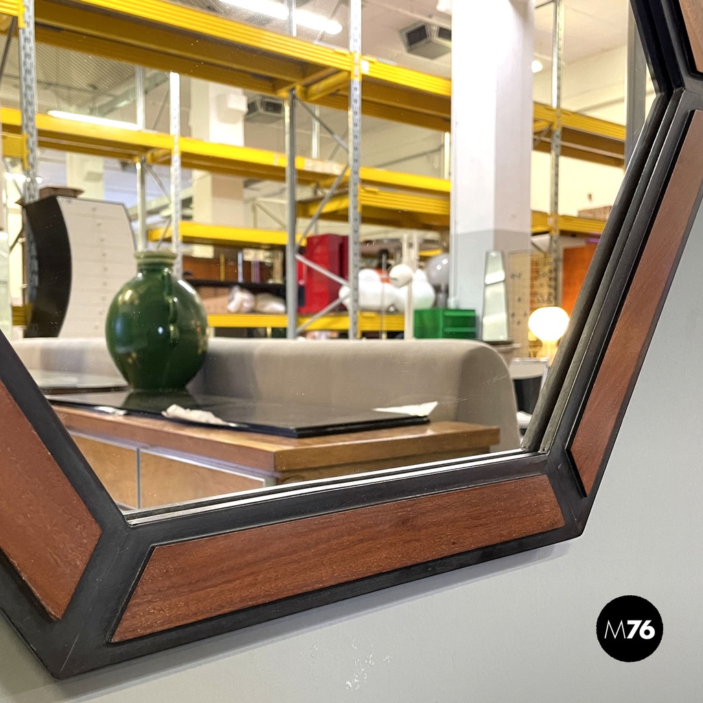 Italian mid-century modern hexagonal wooden wall mirror with rope, 1960s