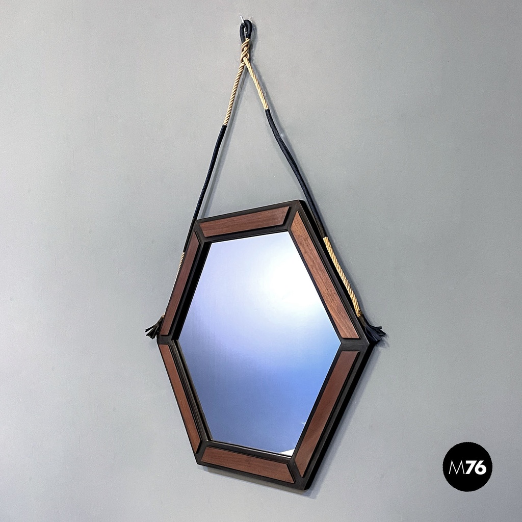 Italian mid-century modern hexagonal wooden wall mirror with rope, 1960s
