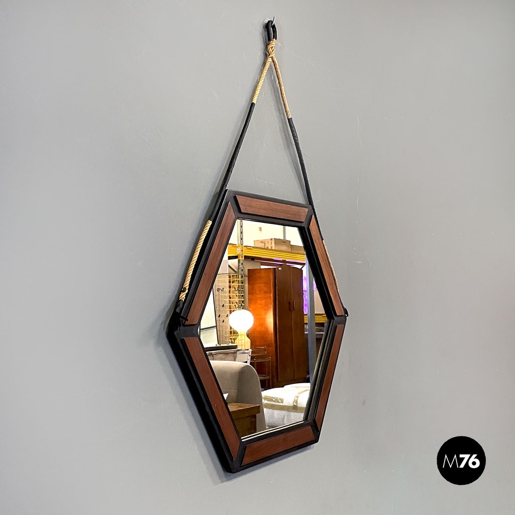 Italian mid-century modern hexagonal wooden wall mirror with rope, 1960s