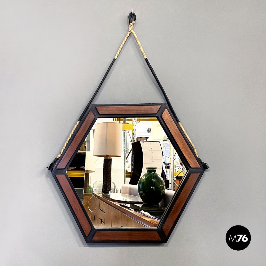 Italian mid-century modern hexagonal wooden wall mirror with rope, 1960s