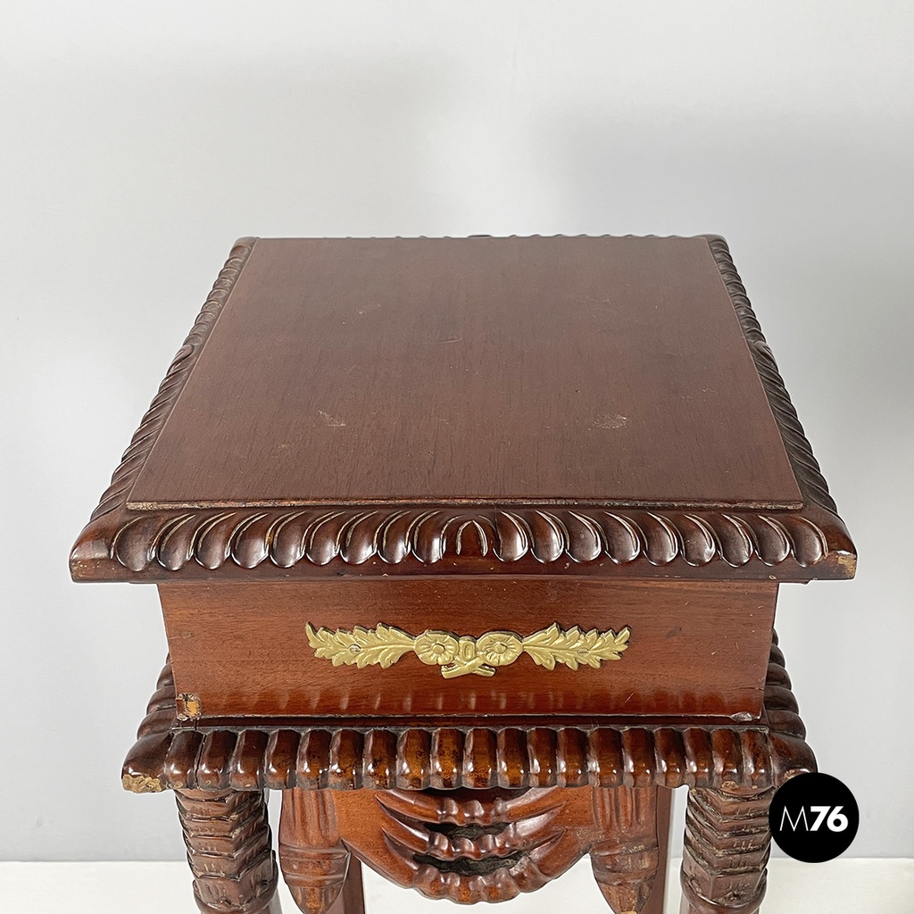 Italian Liberty style Wooden square high column with brass details, 1940s