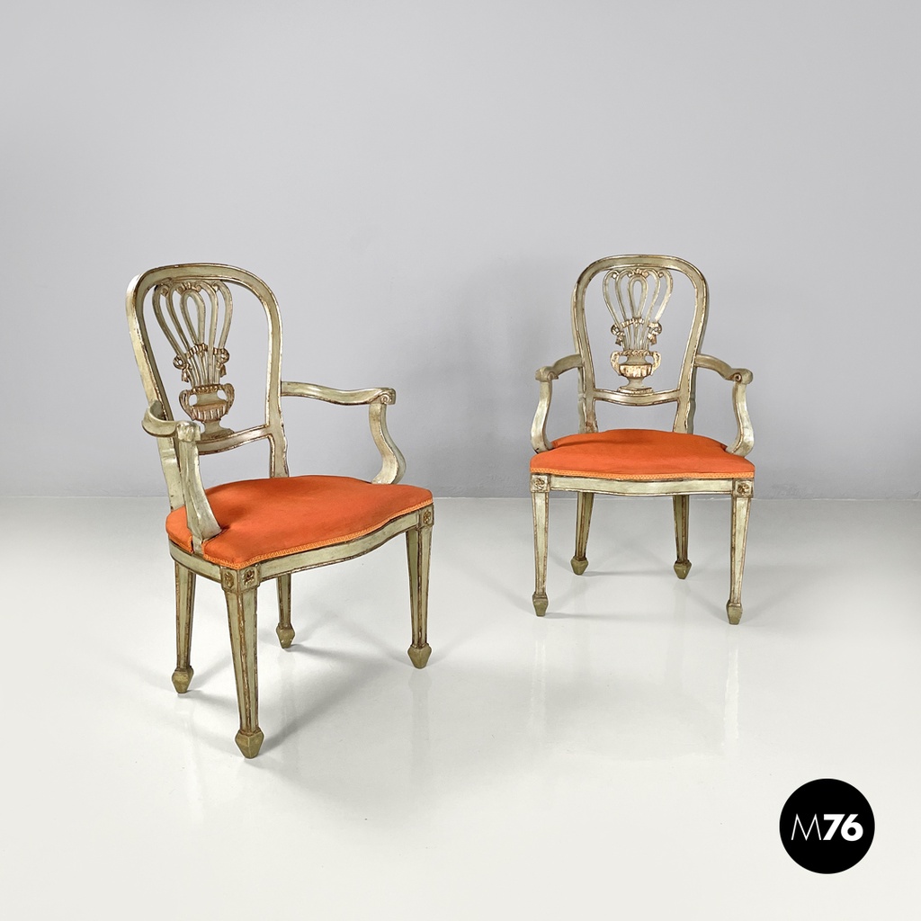 Italian antique green and gold wooden armchairs with orange cushions, 1700s