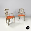 Italian antique green and gold wooden armchairs with orange cushions, 1700s