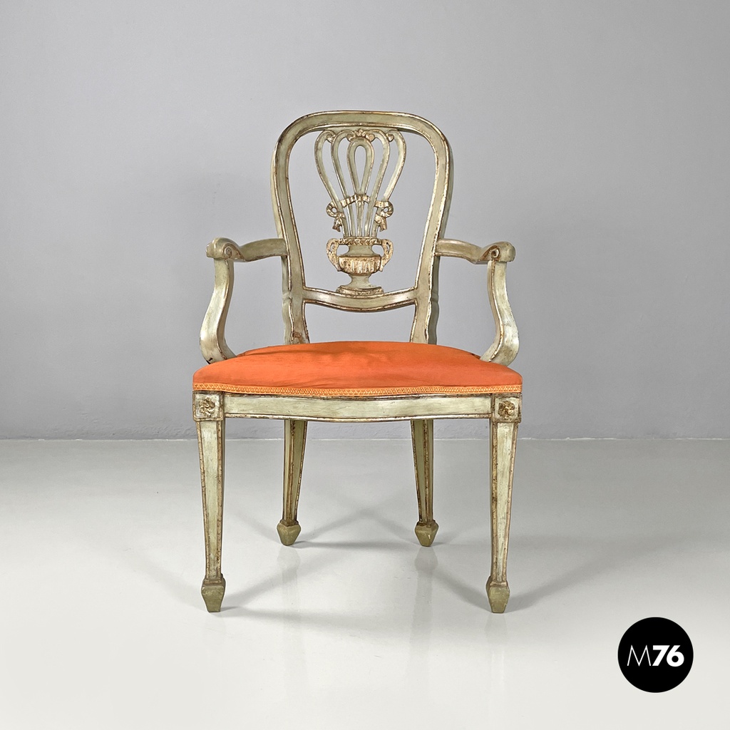 Italian antique green and gold wooden armchairs with orange cushions, 1700s
