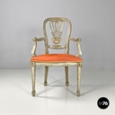 Italian antique green and gold wooden armchairs with orange cushions, 1700s