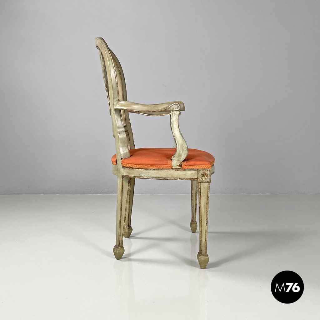 Italian antique green and gold wooden armchairs with orange cushions, 1700s