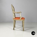 Italian antique green and gold wooden armchairs with orange cushions, 1700s