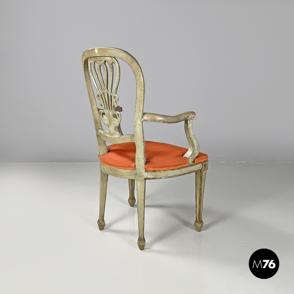 Italian antique green and gold wooden armchairs with orange cushions, 1700s