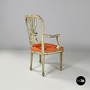 Italian antique green and gold wooden armchairs with orange cushions, 1700s