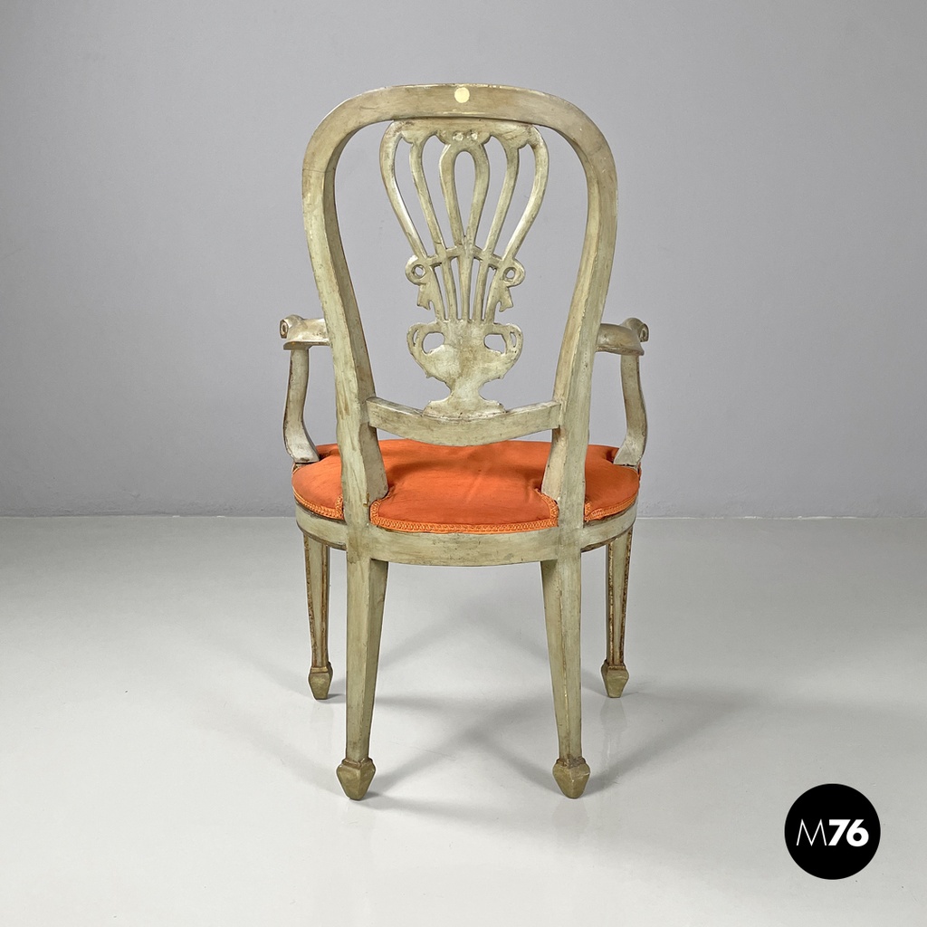 Italian antique green and gold wooden armchairs with orange cushions, 1700s