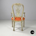 Italian antique green and gold wooden armchairs with orange cushions, 1700s