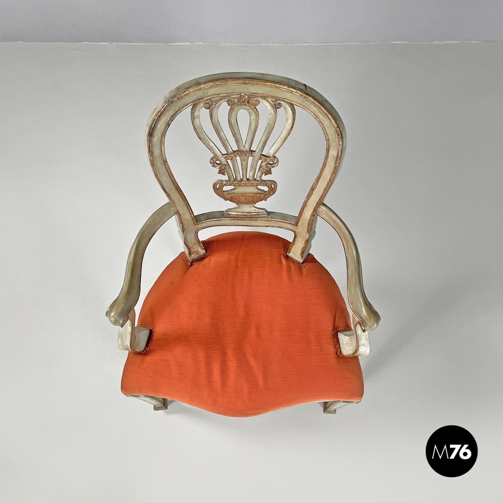 Italian antique green and gold wooden armchairs with orange cushions, 1700s