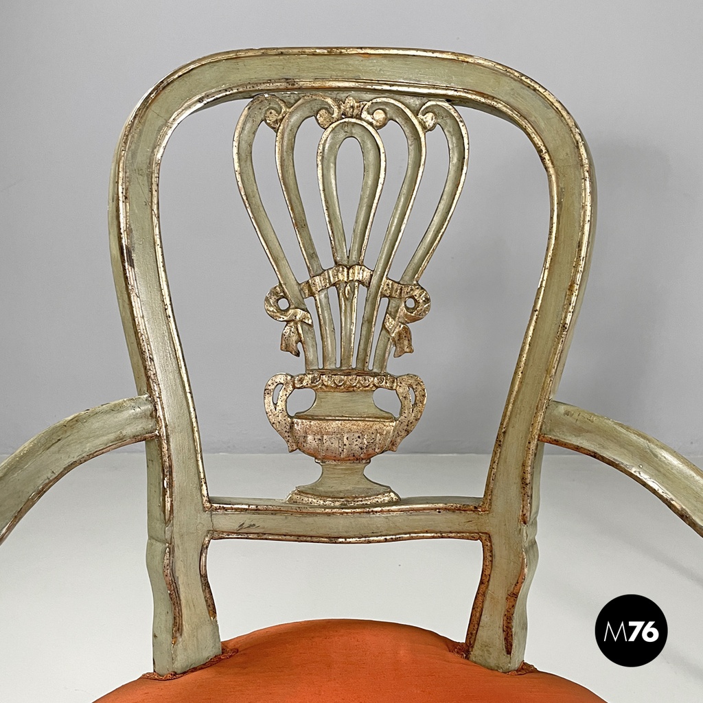 Italian antique green and gold wooden armchairs with orange cushions, 1700s