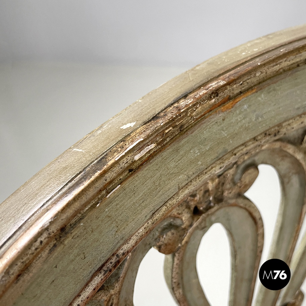 Italian antique green and gold wooden armchairs with orange cushions, 1700s