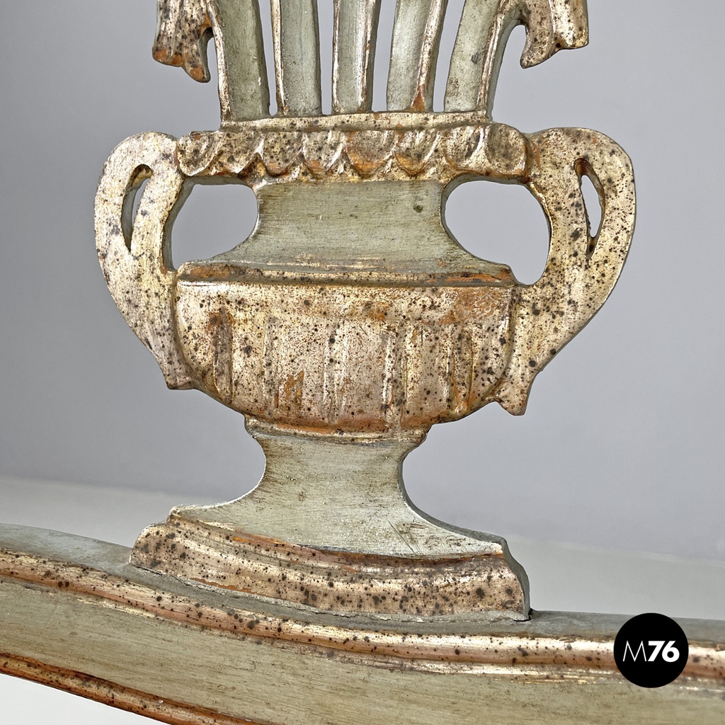 Italian antique green and gold wooden armchairs with orange cushions, 1700s