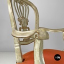 Italian antique green and gold wooden armchairs with orange cushions, 1700s