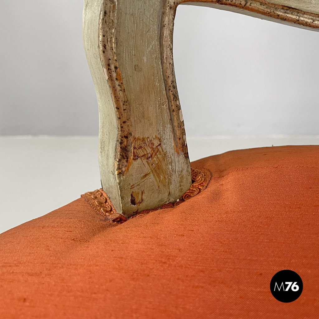 Italian antique green and gold wooden armchairs with orange cushions, 1700s