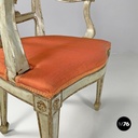 Italian antique green and gold wooden armchairs with orange cushions, 1700s