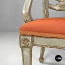 Italian antique green and gold wooden armchairs with orange cushions, 1700s