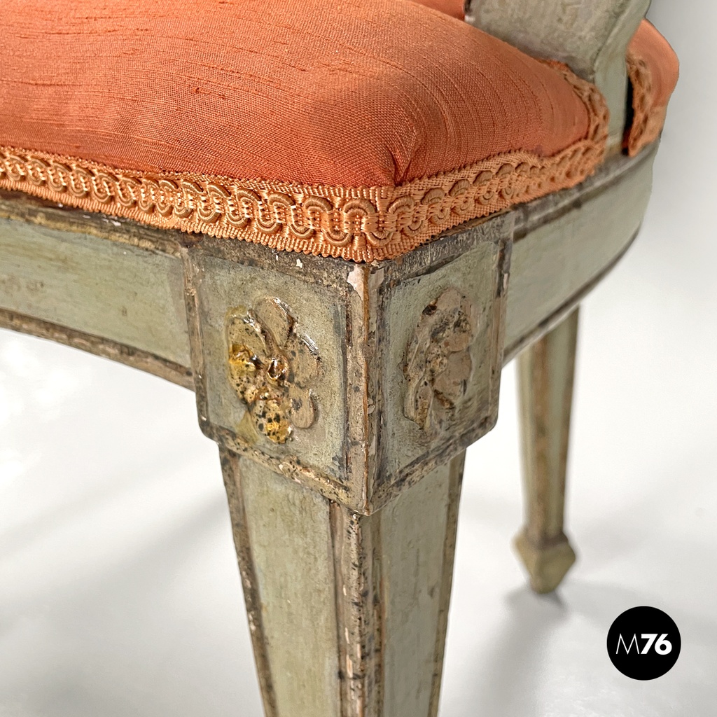 Italian antique green and gold wooden armchairs with orange cushions, 1700s