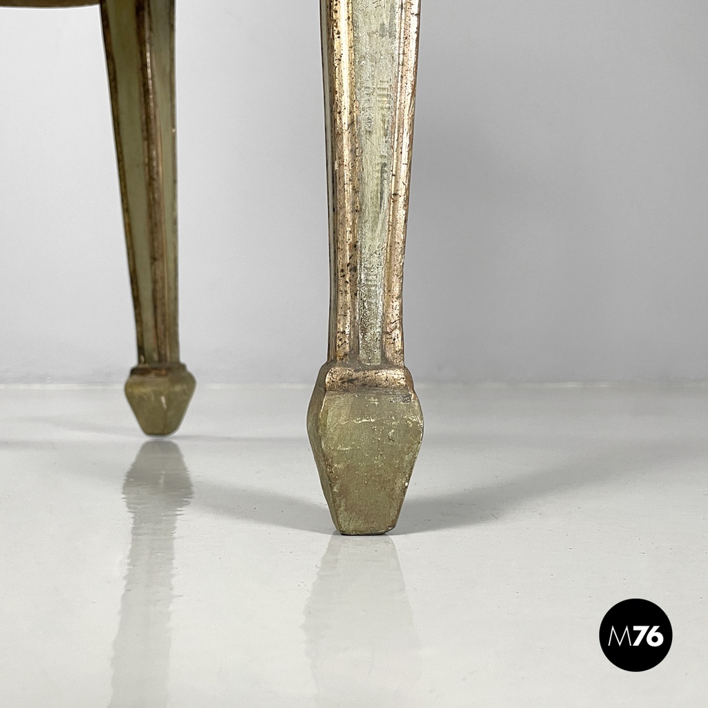 Italian antique green and gold wooden armchairs with orange cushions, 1700s