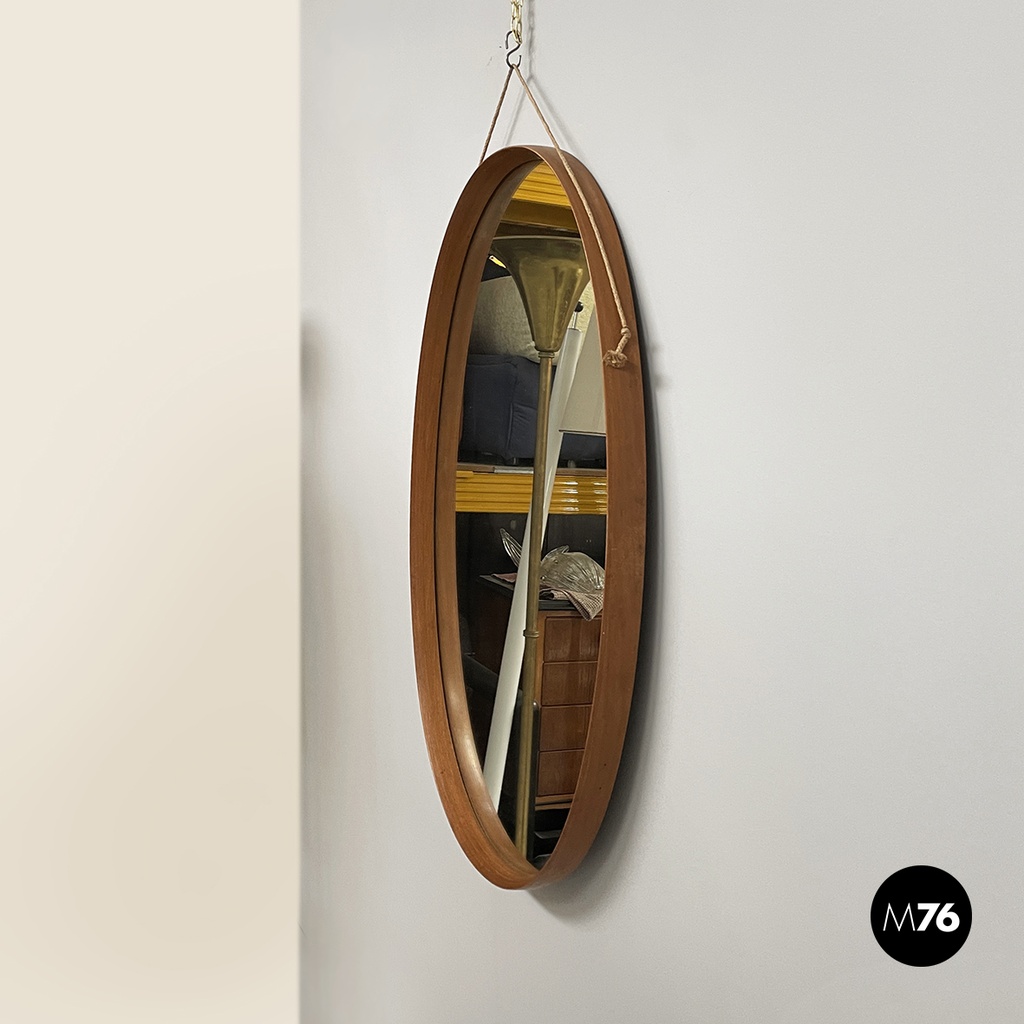 Italian mid-century modern Oval wall mirror in wood and rope, 1960s