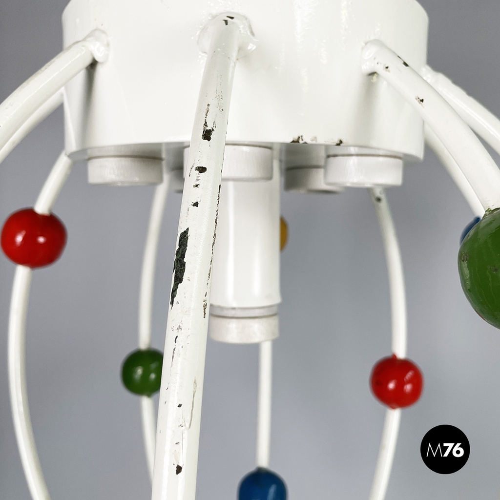 Italian mid-century White iron 5-light chandelier with colored spheres, 1940s