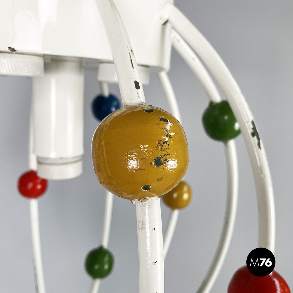 Italian mid-century White iron 5-light chandelier with colored spheres, 1940s