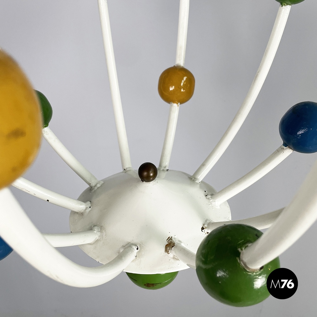Italian mid-century White iron 5-light chandelier with colored spheres, 1940s